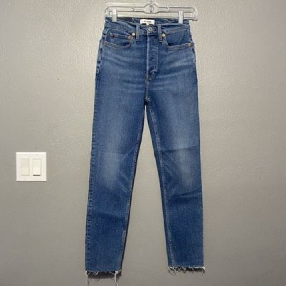 RE/DONE 90s High Rise Ankle Crop French Blue Frayed Hem Jeans Size 26